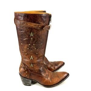 Old Gringer Star Studded Leather Zipper Front Tall Cowboy Boots RARE